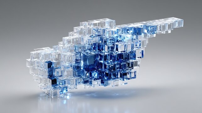 Abstract geometric arrow shape constructed with blue and clear transparent cubes