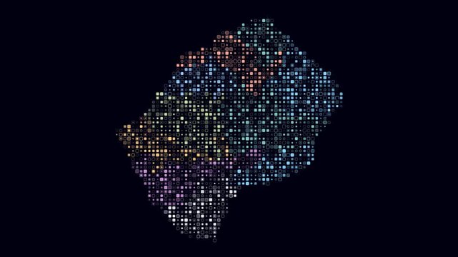Lesotho animated country shape. Pulsating colored dots on the map of the country. Small size rounded square blocks. Digital style Lesotho map on dark background. Plain animation video.