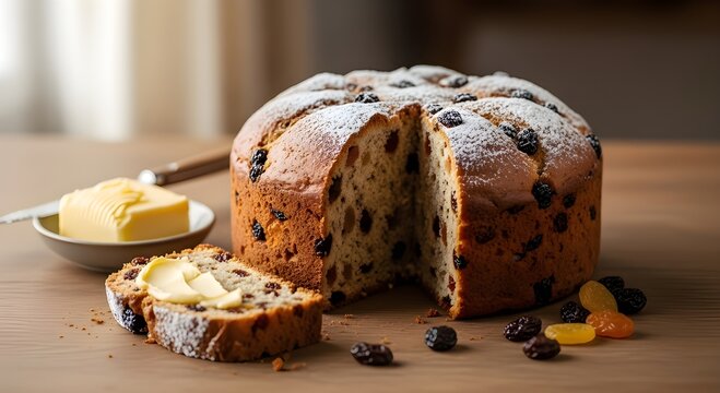 Traditional Irish Barmbrack Fruit Cake with Butter and Powdered Sugar.