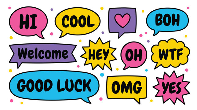Colorful Hand Drawn Comic Speech Bubbles with Slang Text Vector