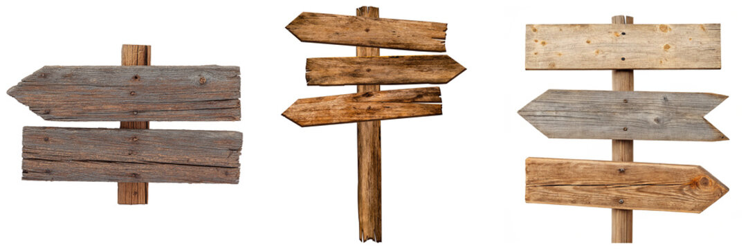Collection of weathered wooden signposts with multiple arrows, indicating various directions, on transparent background.