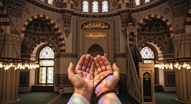 A person with outstretched hands is in a posture of prayer within a grand mosque. The individual is wearing a bracelet and appears to be deeply focused on their devotion.