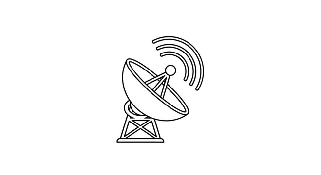 A simple black outline drawing of a satellite dish, complete with a signal emission graphic, is presented on a pure white background.