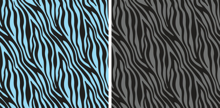 Zebra stripe seamless pattern set, blue and grey animal print vector background