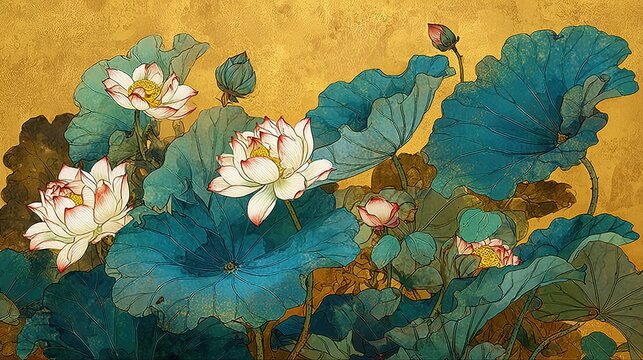 Golden background traditional painting of vibrant lotus blue green yellow with clouds above nature harmony