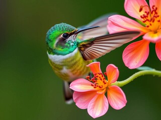 Fototapeta premium Small, iridescent hummingbird with bright green feathers sipping nectar from a tiny flower, ||feathers, bird