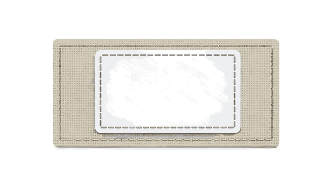 A textured beige fabric patch with perimeter stitching is overlaid by a distressed white rectangular label with a dashed outline.