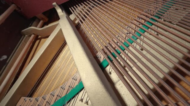 Inside Upright Piano Soundboard and Strings Close-Up | Dusty Internal Mechanism with Felt Dampers | Ultra Wide-Angle View