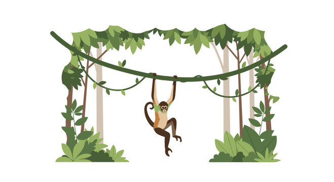 A brown and beige monkey with a green patch hangs playfully from a thick green vine amidst lush jungle foliage and tall trees on a white background.