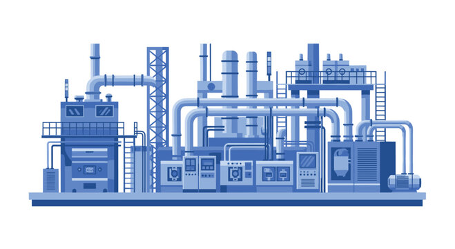 An intricate, modern industrial factory with extensive blue piping and multiple processing units stands on a white background, displaying complex manufacturing infrastructure.