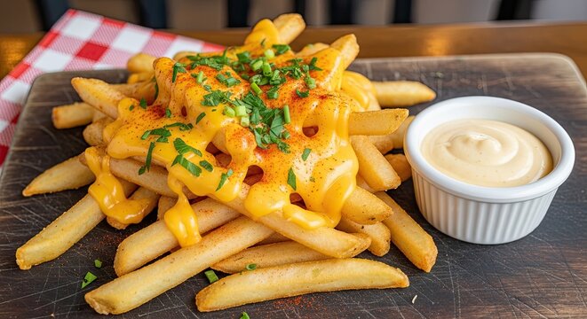 A rustic wooden board displays a generous pile of golden-brown french fries generously smothered in melted cheddar cheese.