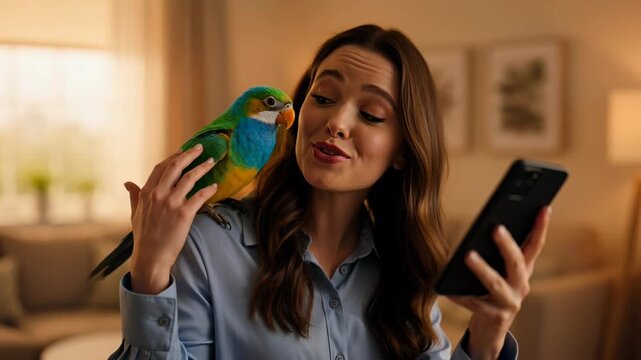 Woman with Parrot and Smartphone, Home Office, Virtual Meeting, Modern Lifestyle