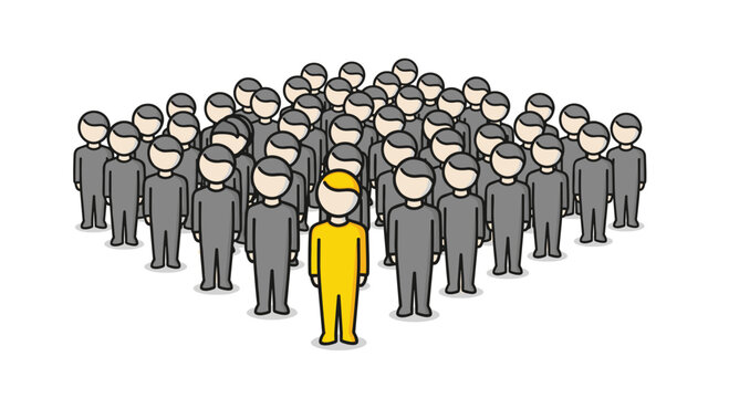 A single yellow cartoon figure stands prominently at the front of a large, triangular formation of fifty-four grey-clad cartoon people.