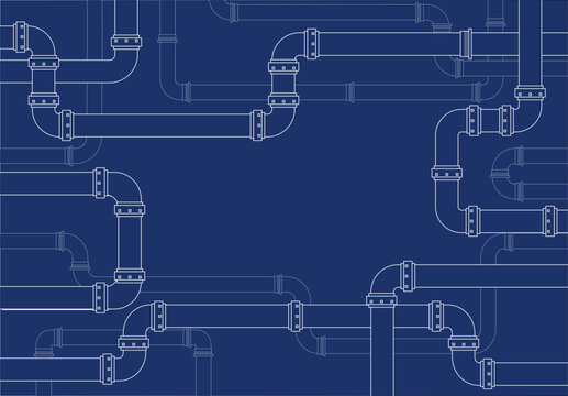 Industrial pipeline network blueprint background, vector illustration of plumbing pipes system for water supply, oil and gas infrastructure, engineering, and construction technology.