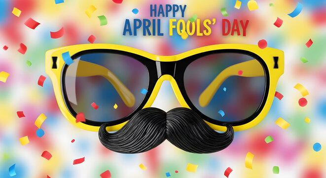 Colorful april fools day illustration with sunglasses and mustache confetti