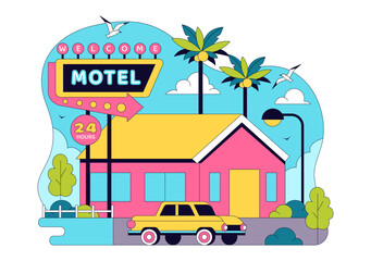 Naklejka premium Retro Roadside Motel Illustration With Neon Sign, Palm Trees, Vintage Cars, Colorful Summer Travel Accommodation, American Highway Lodging Scene