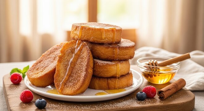 A stack of French toast with syrup and berries on a wooden board.