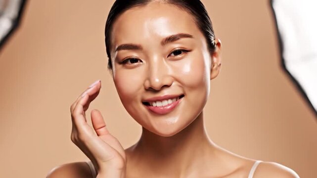 A person with glowing skin touches their face gently