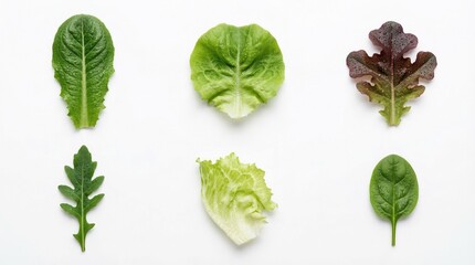Obraz premium Six different types of fresh green lettuce, including spinach, arugula and romaine, neatly arranged against a white background.