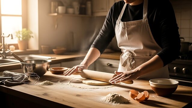 person in an apron uses a rolling pin to flatten dough on a rustic wooden kitchen counter, surrounded by flour and baking ingredients.