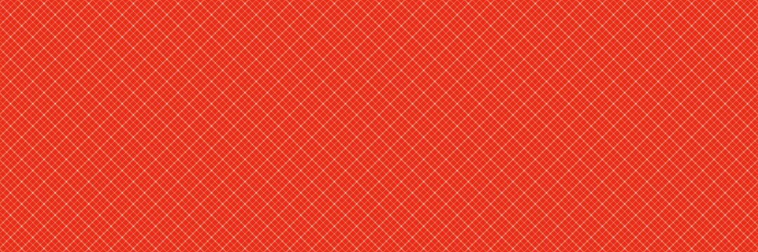 Red diagonal grid pattern on a wide background. Minimalist geometric texture with thin white intersecting lines creating a diamond mesh effect. Modern abstract  style for versatile design.