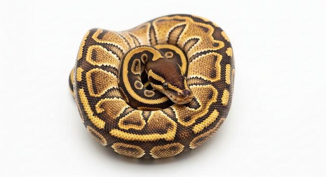A coiled ball python snake displaying its intricate patterned scales on a plain white background, showcasing its beautiful coloration and unique markings