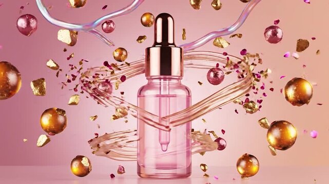 A cosmetic serum bottle with swirling liquid and floating particles