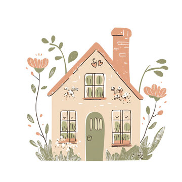 Cute cozy house illustration with flowers
