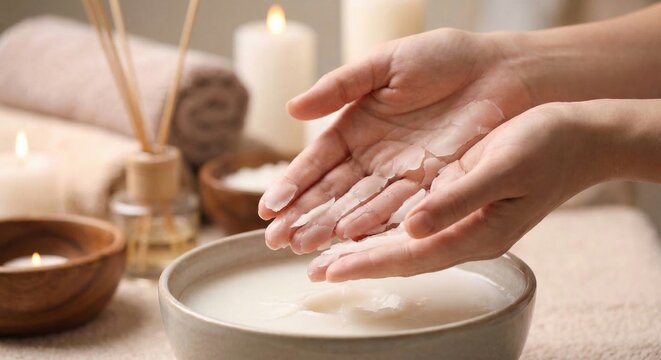 Woman peeling off warm paraffin wax treatment from hands