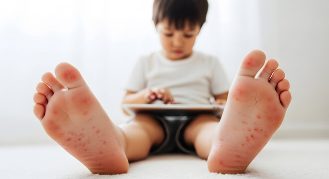Child with red spots on feet using tablet computer on light carpet rash
