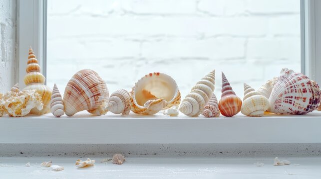 A close-up of a seashell collection displayed on a windowsill, coastal summer decor, copy space included,
