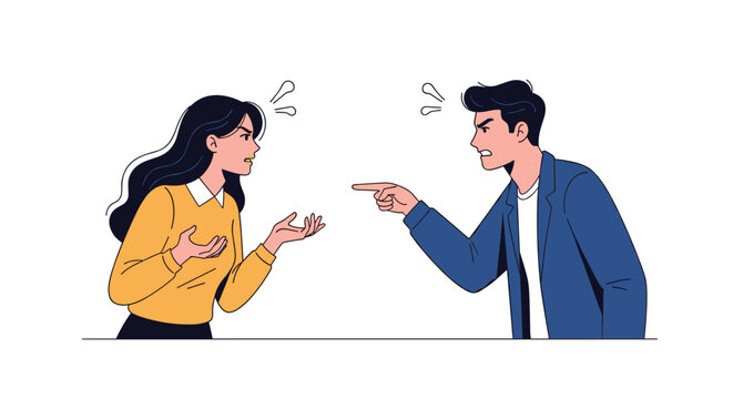 Man and woman engaged in a fierce verbal argument with angry expressions and pointing fingers during a relationship dispute.