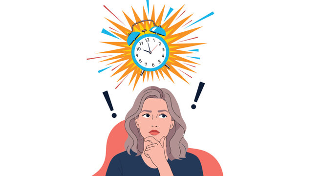 Pensive young woman looking up at an exploding alarm clock thinking about time management, deadlines and daily schedules.