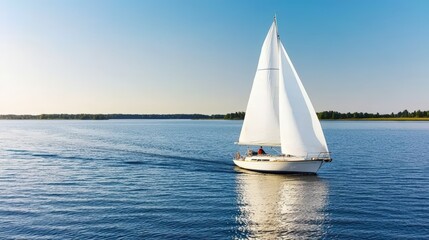 Fototapeta premium A sailboat gliding across calm waters at dusk, peaceful summer sailing, copy space included,