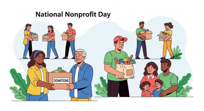 Diverse people donating goods on national nonprofit day volunteering and helping others