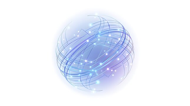 Futuristic blue digital sphere with glowing light particles, abstract technology globe on white background, 3D network data orb for science and innovation