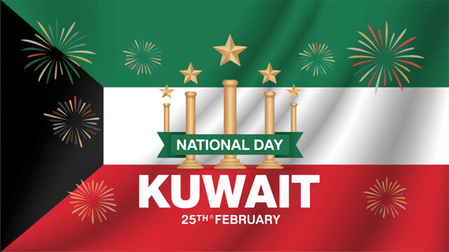 Kuwait national day celebration background with fireworks and flag
