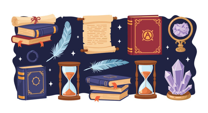 Collection of ancient magical items including old leather books, scrolls, feathers, hourglasses, and purple crystals on a dark sky.