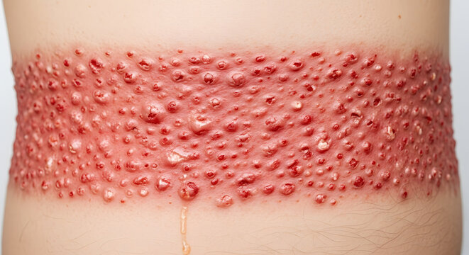 Close up of inflamed skin with numerous red bumps and blisters rash inflammation