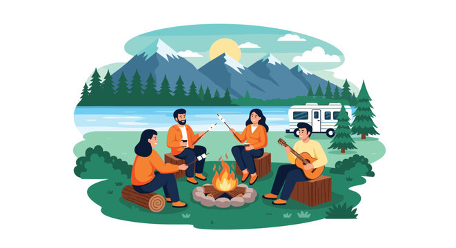 Friends sitting around a campfire by a lake at sunset roasting marshmallows and playing guitar with a camper van in the background.