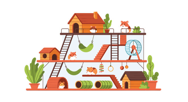 Elaborate multi-level hamster cage habitat with little hamsters, houses, tunnels, running wheels, and hammocks for pet entertainment.