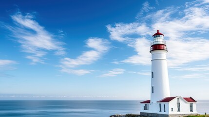 Obraz premium A lighthouse standing tall against a dramatic summer sky, picturesque coastal beauty, copy space available,