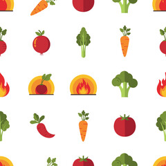 Fototapeta premium Colorful vegetable pattern with flames and plates