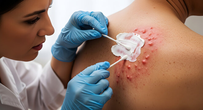 Doctor applying cream to acne on a person's back with cotton swabs medical treatment