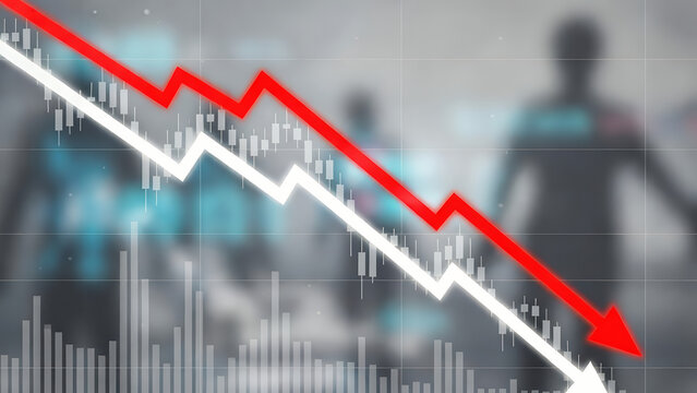 A dramatic red arrow indicates a sharp stock market decline over blurred people and financial charts.