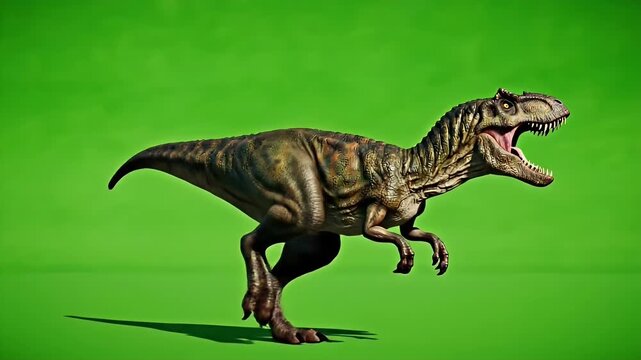 Running Velociraptor on Green Screen - A full body shot of a velociraptor as it runs with sharp movements. The dinosaur has a green screen background allowing for easy compositing.