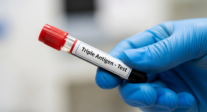Hand in blue glove holding blood sample test tube labeled Triple Antigen Test image