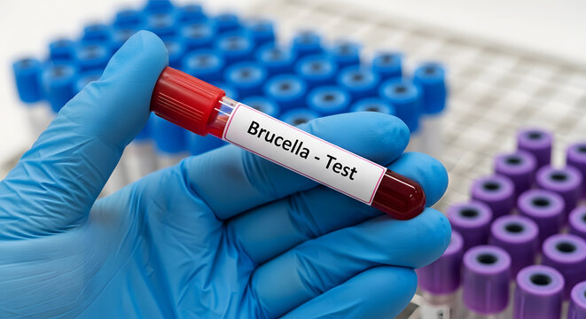 Hand in blue glove holding blood test tube labeled Brucella Test image