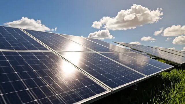 Sunlight moving across solar panel array renewable energy