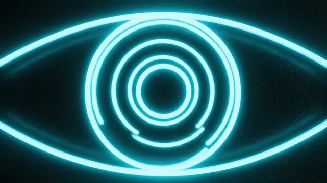 Glowing blue futuristic eye icon with concentric circles on dark background